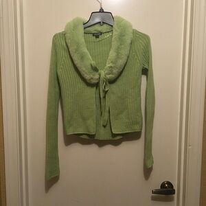 Wild Fable Light Green Cardigan with Faux Fur Collar